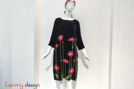 Black velvet dress embroidered with poppies- ORIANA